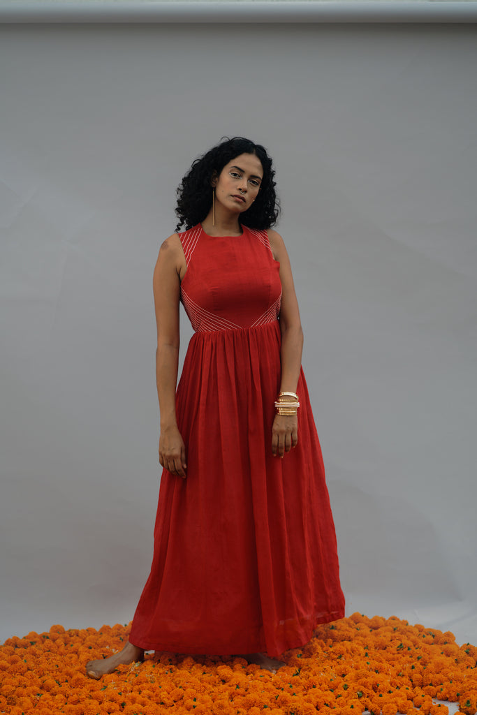 Red gathered maxi dress
