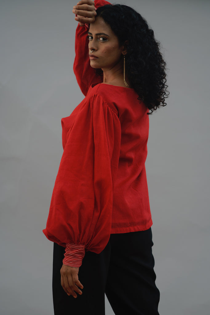 Red gathered sleeve top