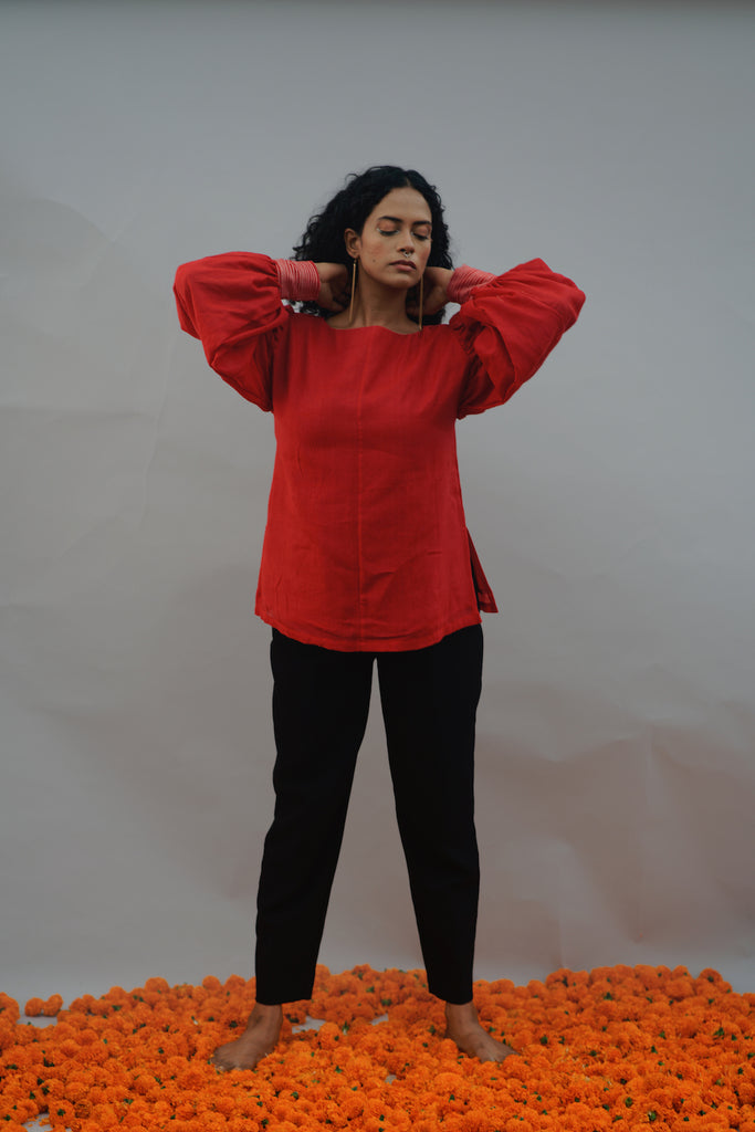 Red gathered sleeve top