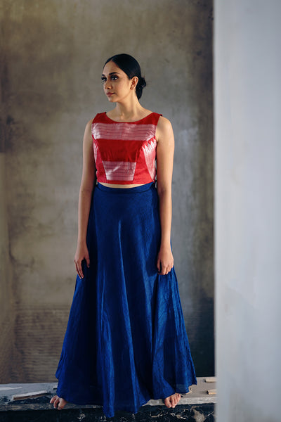 Blue flared skirt with red crop top